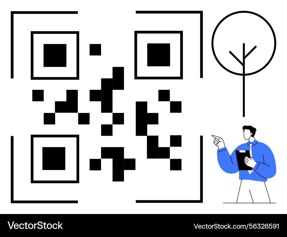 Man Scanning QR Code with Tree Vector Image