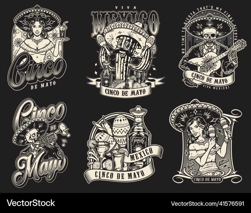 Monochrome collection with mexican characters Monochrome collection with mexican characters vector image