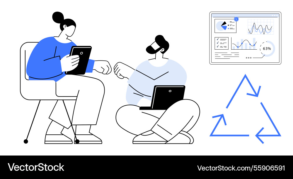 Teamwork on digital devices with data analysis Teamwork on digital devices with data analysis Vector Image