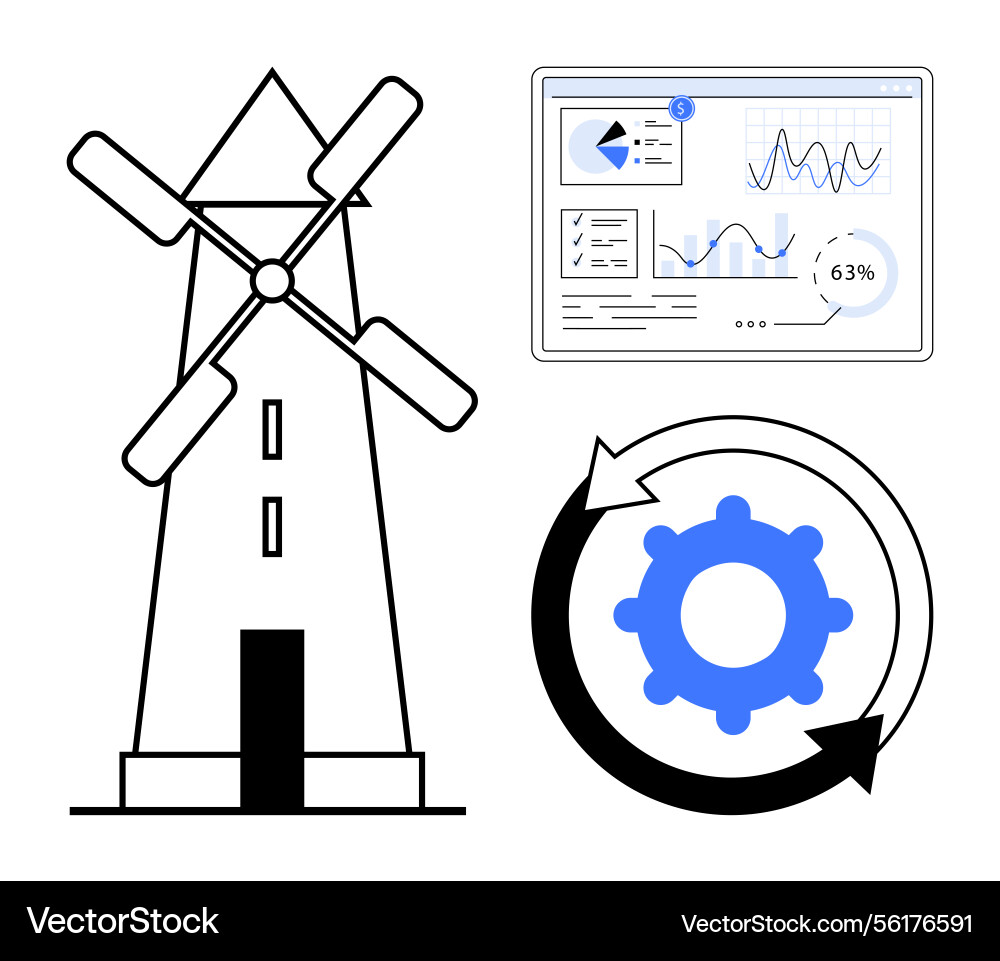 Windmill with data analytics dashboard and gear Windmill with data analytics dashboard and gear vector image
