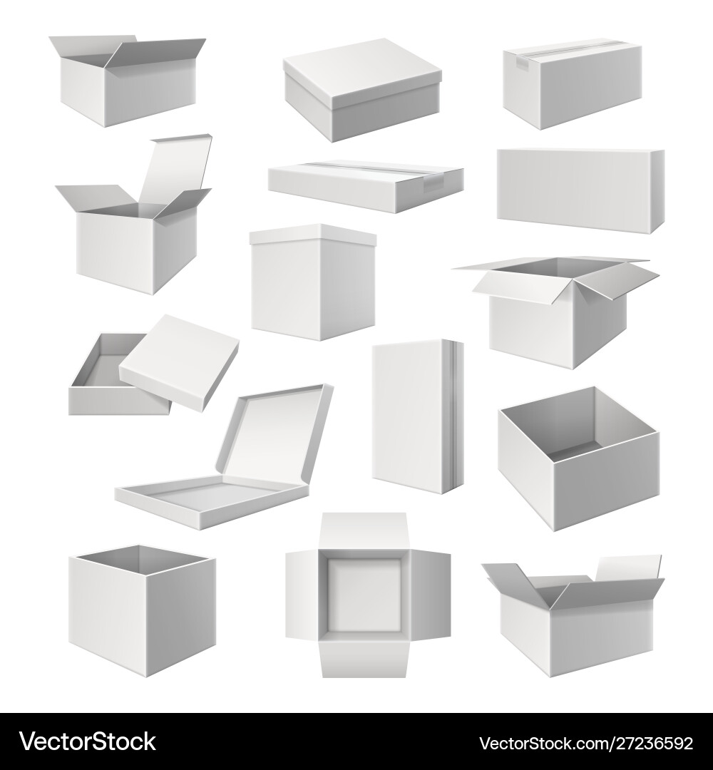 Set realistic white boxes for cargo delivery Set realistic white boxes for cargo delivery vector image