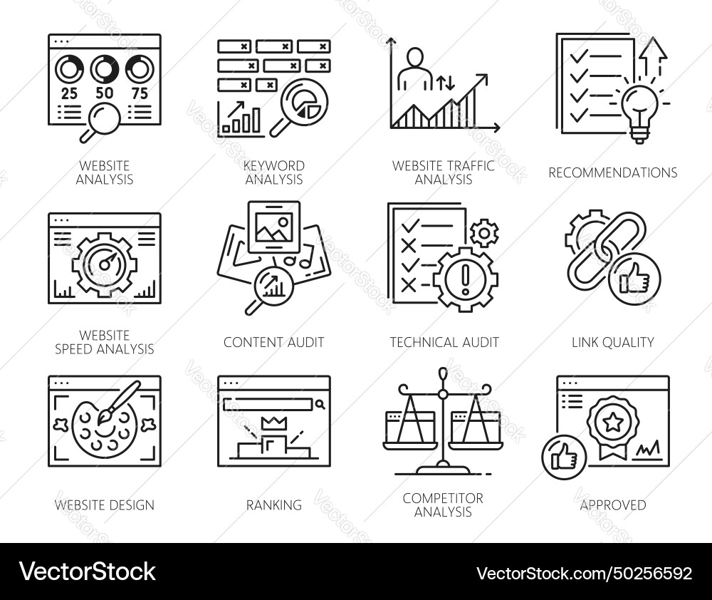 Web audit icons of website seo analysis Web audit icons of website seo analysis vector image