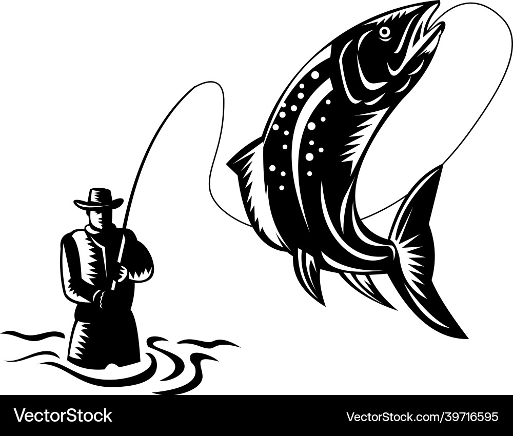 Retro Woodcut Trout Fisherman vector image