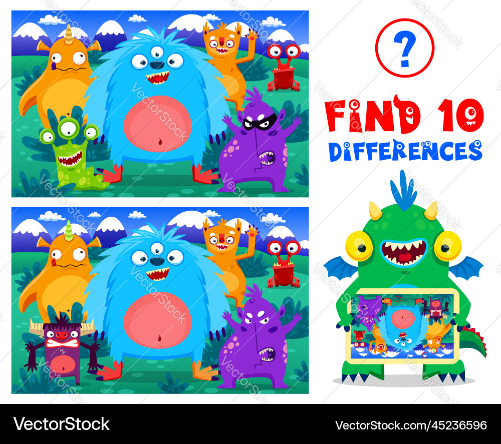 Cartoon Monster Charaktere finden zehn Unterschiede Cartoon Monster Charaktere finden zehn Unterschiede vektorbild