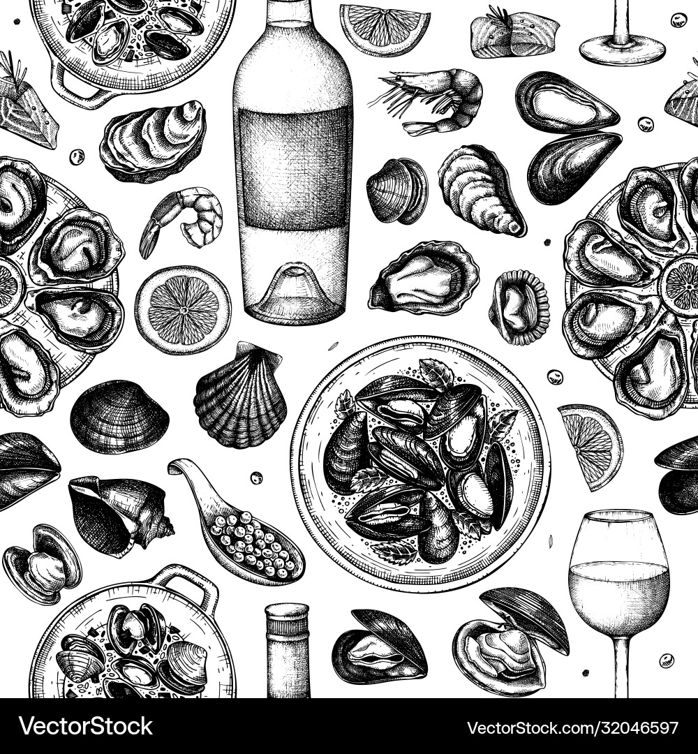 Meeresfrüchte und Wein nahtlose Muster hand gezogen Shel Meeresfrüchte und Wein nahtlose Muster hand gezogen Shel vektorbild