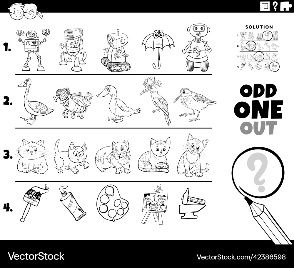 Odd one out task with cartoon characters coloring Odd one out task with cartoon characters coloring vector image