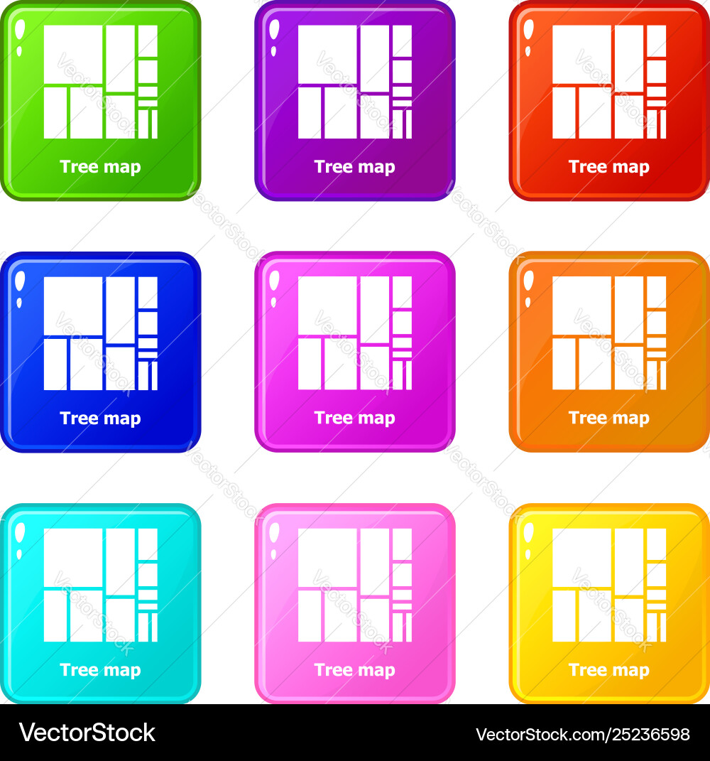 Tree map icons set 9 color collection Tree map icons set 9 color collection Vector Image