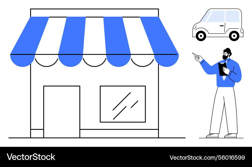 Man with clipboard pointing at storefront Man with clipboard pointing at storefront vector image