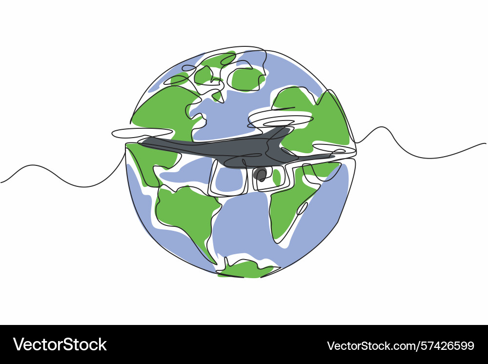 Single continuous line drawing drone with globe vector image