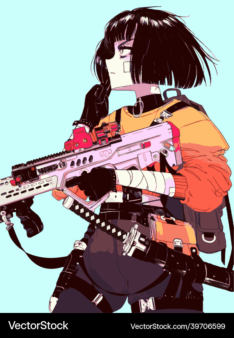 Stilvolle Anime Krieger Mädchen mit Waffe Stilvolle Anime Krieger Mädchen mit Waffe vektorbild