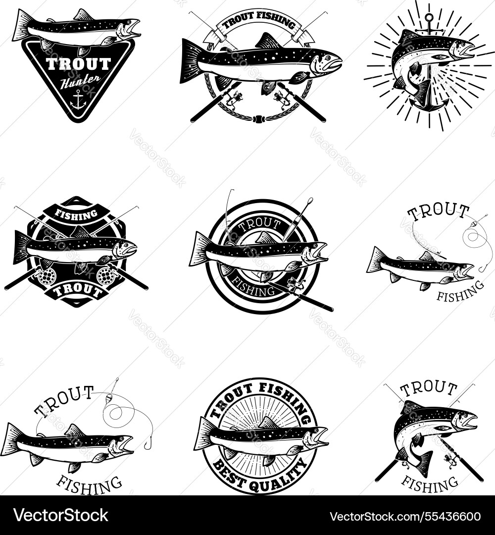 Set of trout fishing labels club team Set of trout fishing labels club team Vector Image