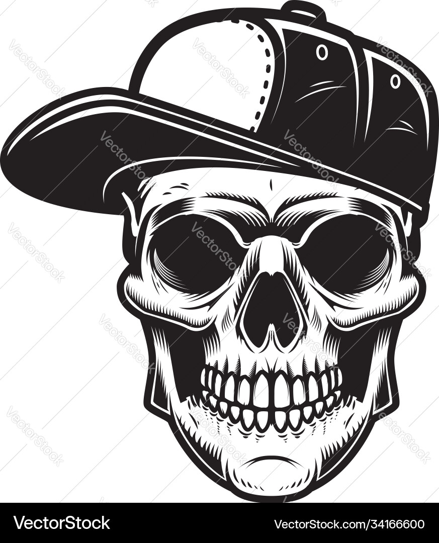 Skull in Baseball Cap - Engraving Style vector image