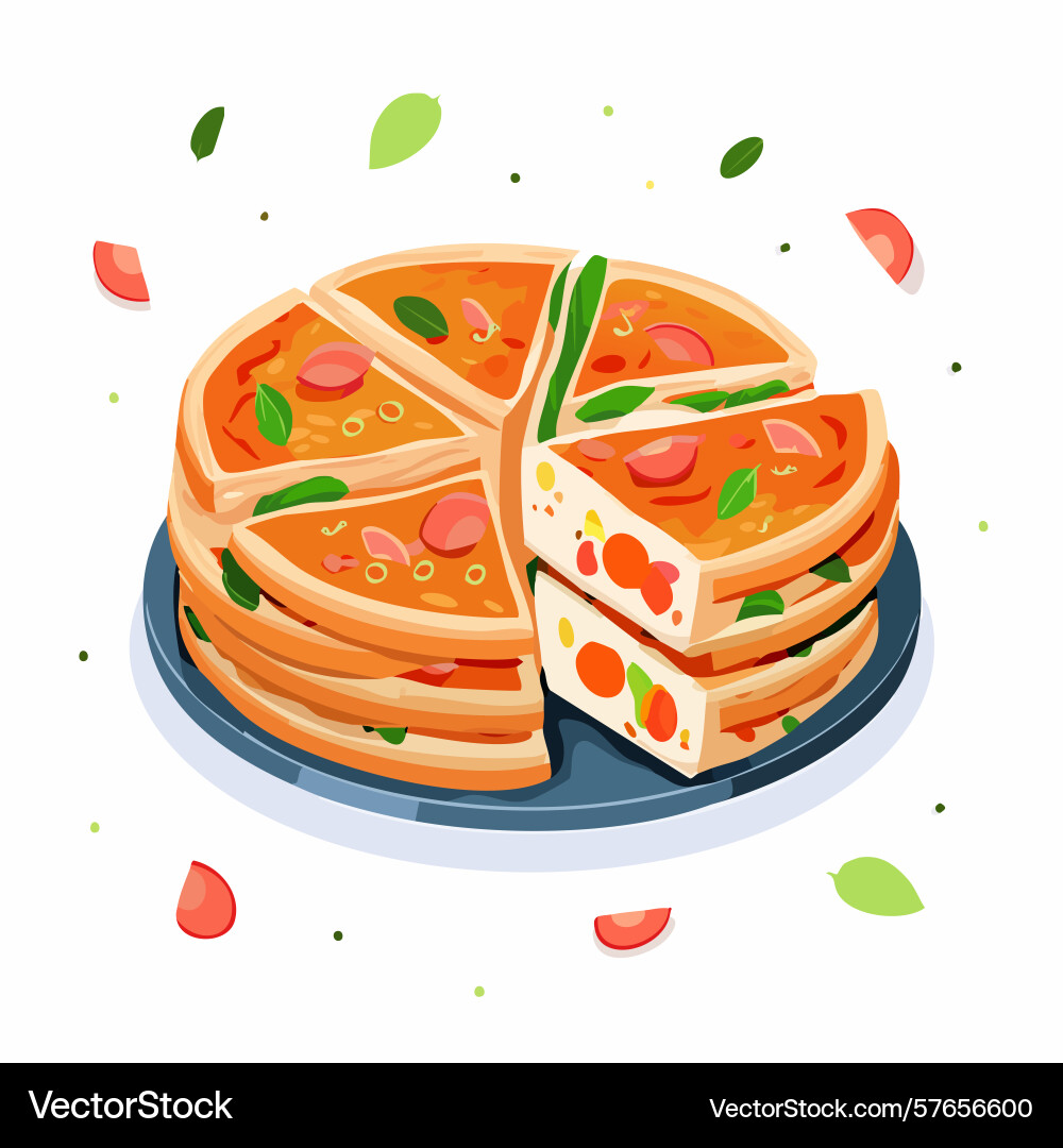 Stacked sliced pizza with toppings and basil Stacked sliced pizza with toppings and basil Vector Image