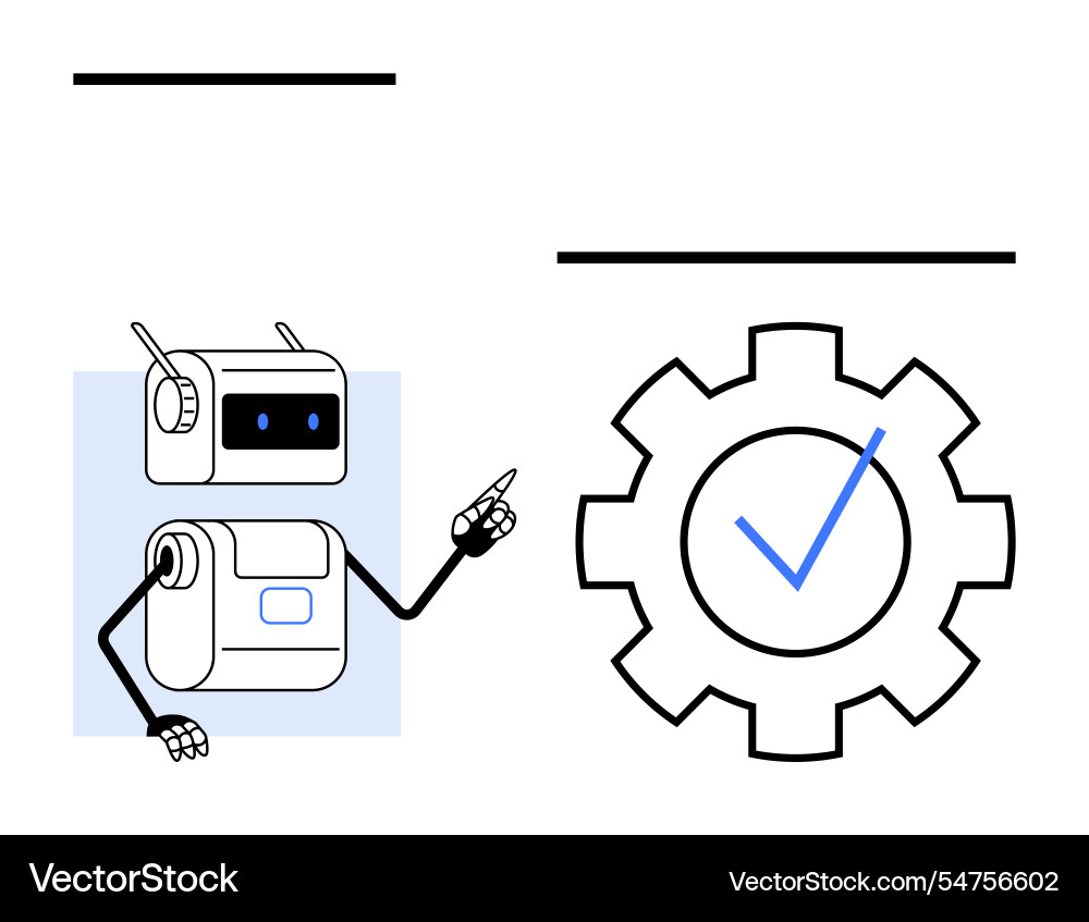 Robot pointing at gear with checkmark symbolizing Robot pointing at gear with checkmark symbolizing vector image