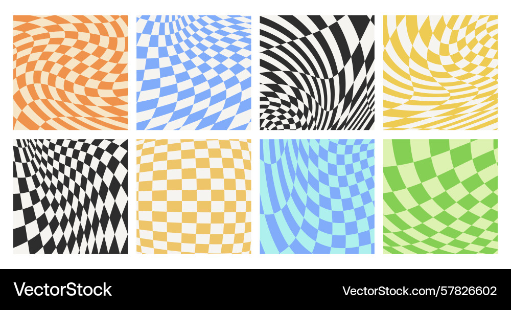 Wavy groovy distorted checkered background set vector image