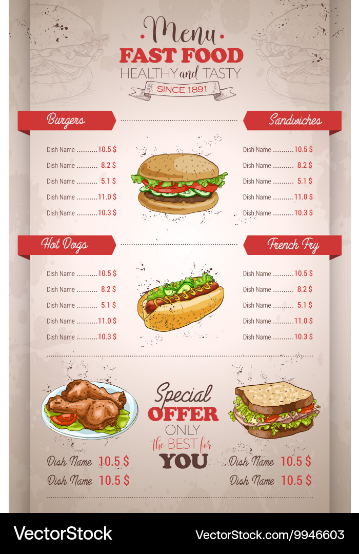 Drawing vertical color fast food menu design vector image