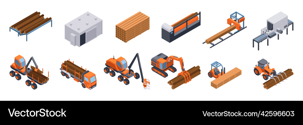 Isometric sawmill set Royalty Free Vector Image