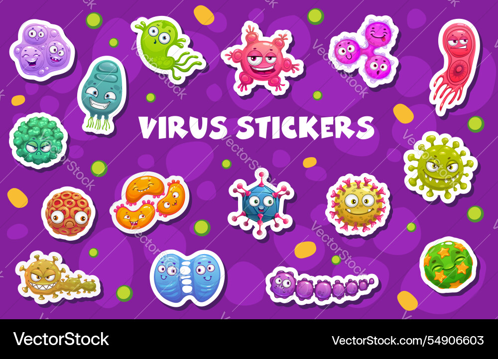 Stickers of funny bacteria virus germ characters Stickers of funny bacteria virus germ characters vector image
