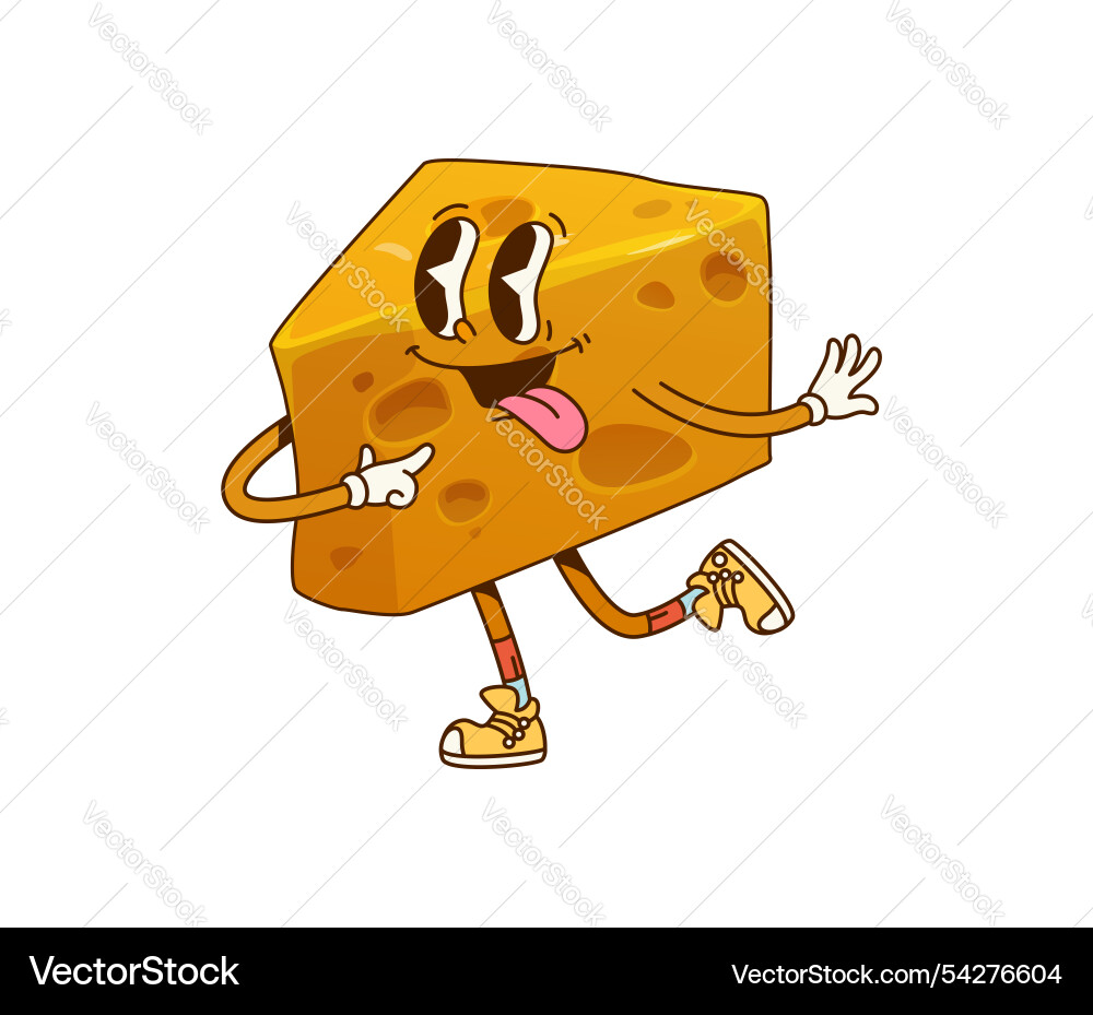 Funny groovy cartoon cheese character funky face Funny groovy cartoon cheese character funky face vector image