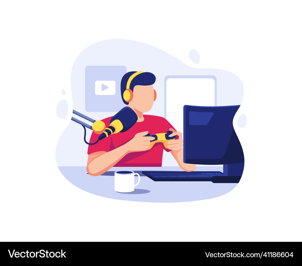 Gamer streaming while playing computer game vector image