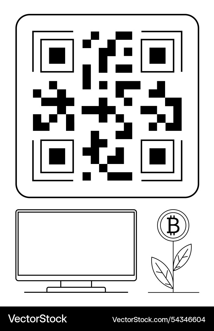 Qr code above a computer monitor and bitcoin plant Vector Image
