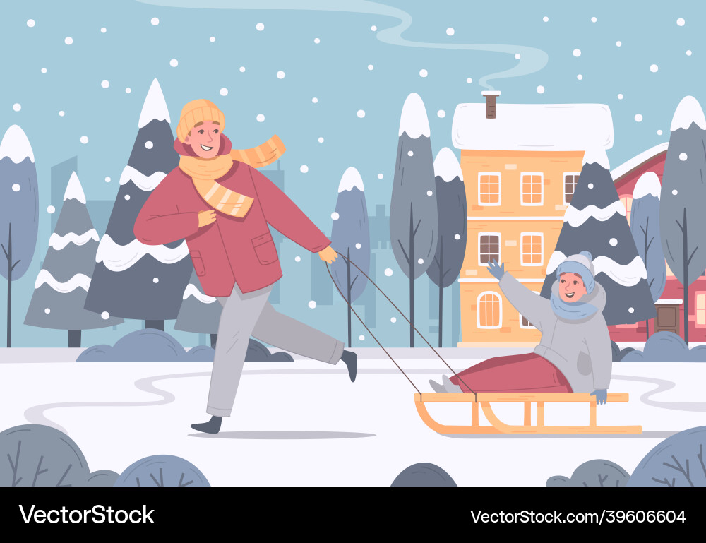 Sledge riding cartoon composition Sledge riding cartoon composition vector image