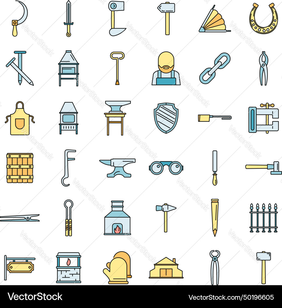 Blacksmith tools icons set color line Blacksmith tools icons set color line vector image