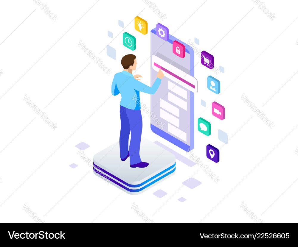 Isometric programmer working in a software develop Isometric programmer working in a software develop vector image