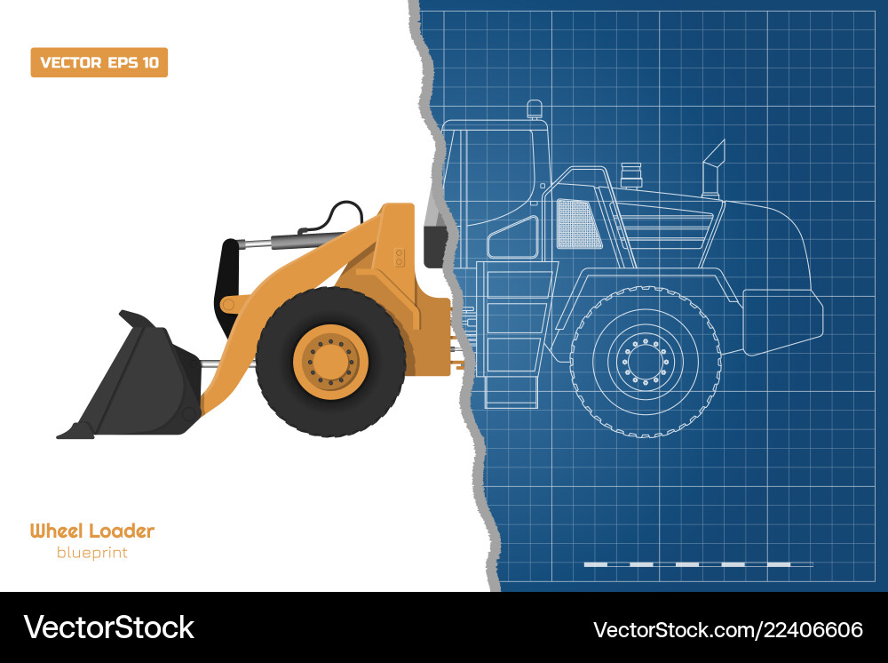 Blueprint of wheel loader top side front view vector image