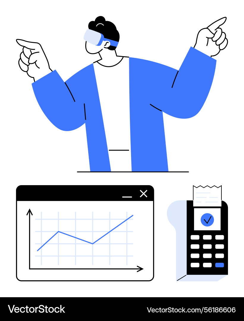 Man with vr headset pointing upward graph window Man with vr headset pointing upward graph window vector image