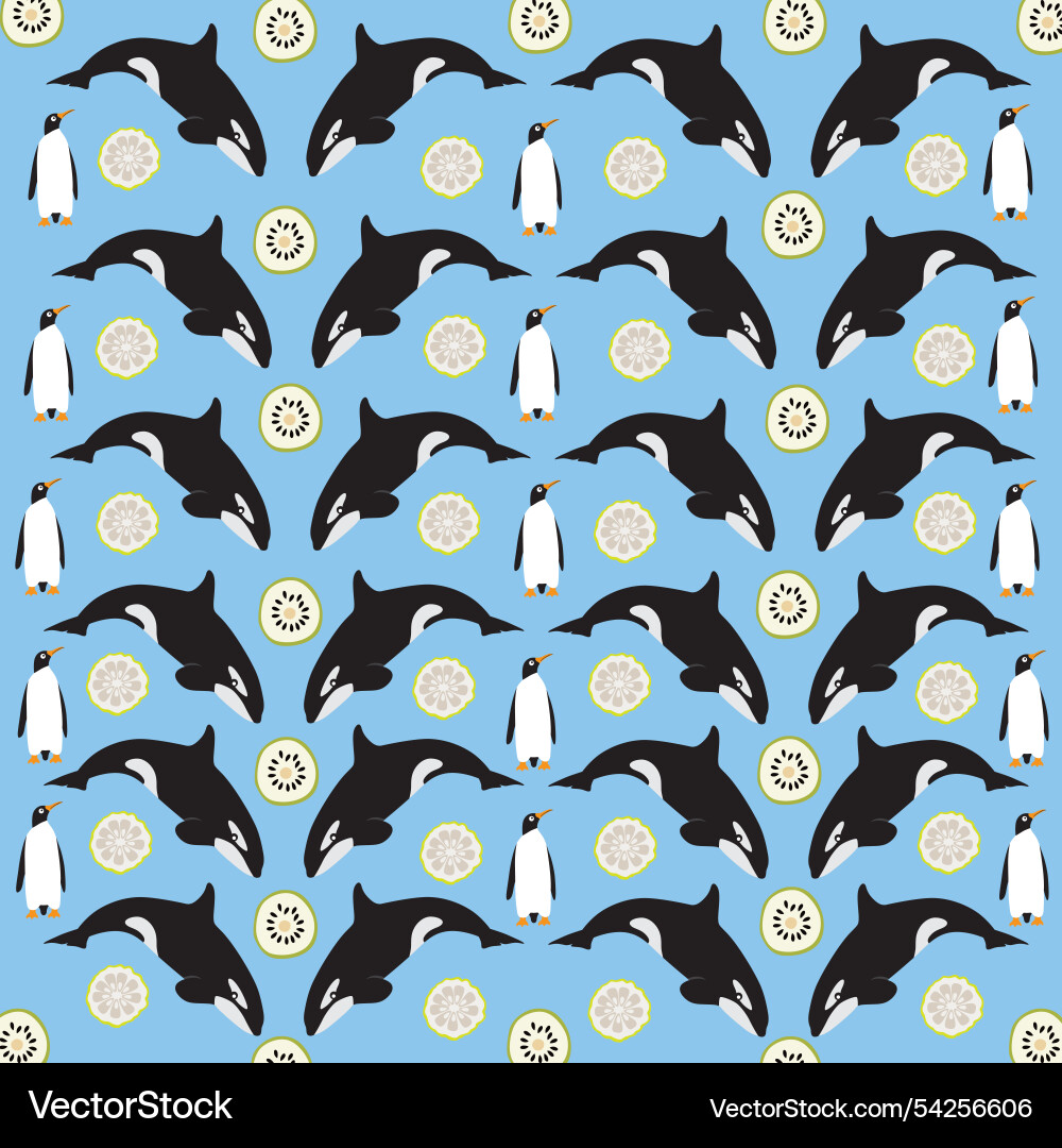 Orca penguin with fruit as a pattern background Orca penguin with fruit as a pattern background vector image
