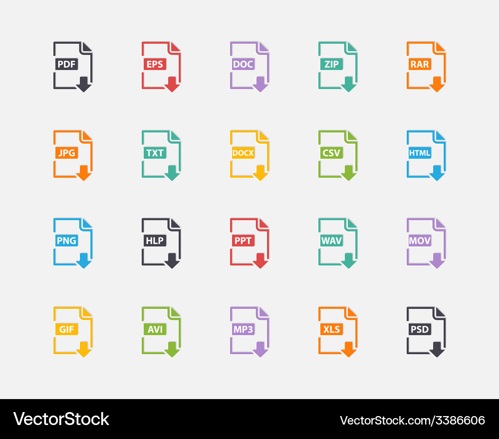 Set von Dokument-Dateiformaten und Etiketten Farbe Vektorbild