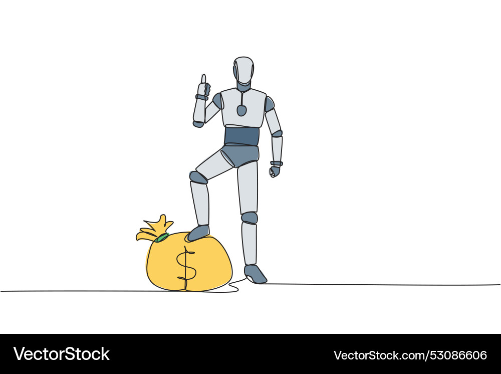 Single continuous line drawing smart robot stands vector image