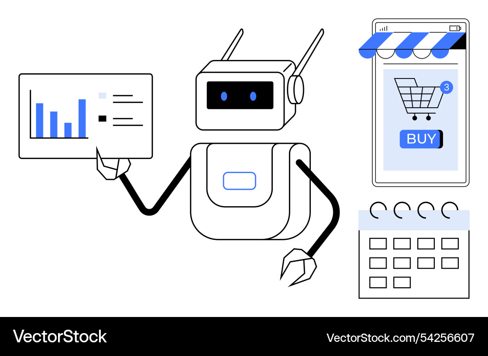 Futuristic robot with data chart and online Futuristic robot with data chart and online vector image