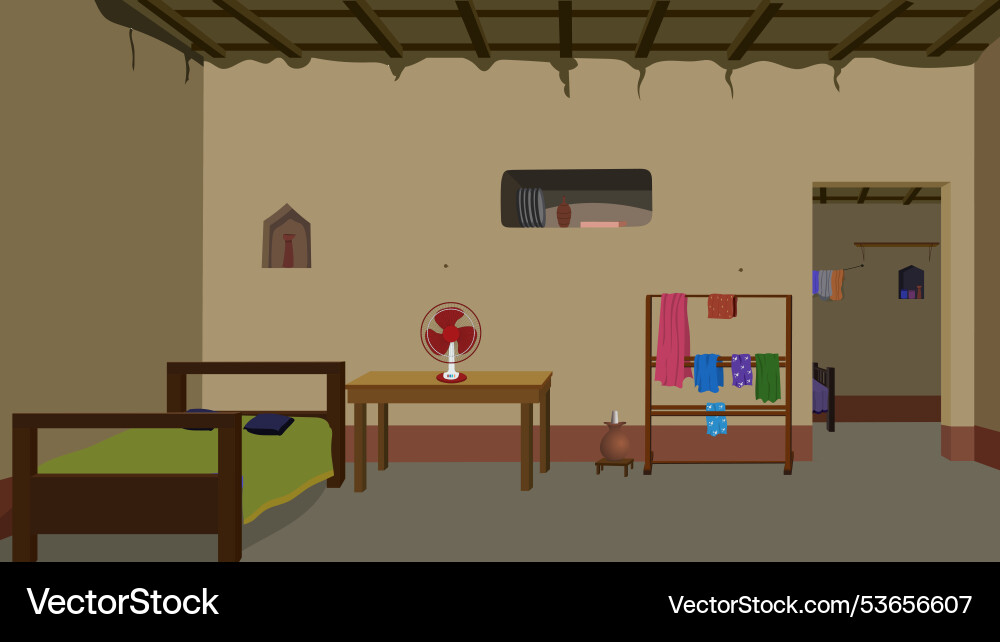 Indian poor farmers house interior for cartoon art Indian poor farmers house interior for cartoon art vector image