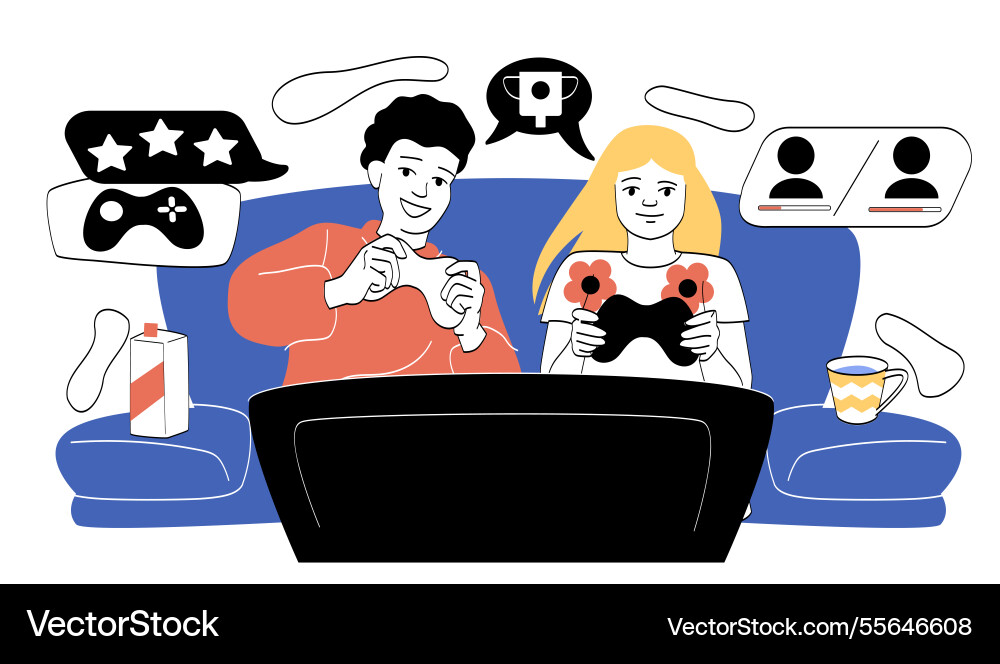 Gamers play together man and woman sitting near Gamers play together man and woman sitting near vector image