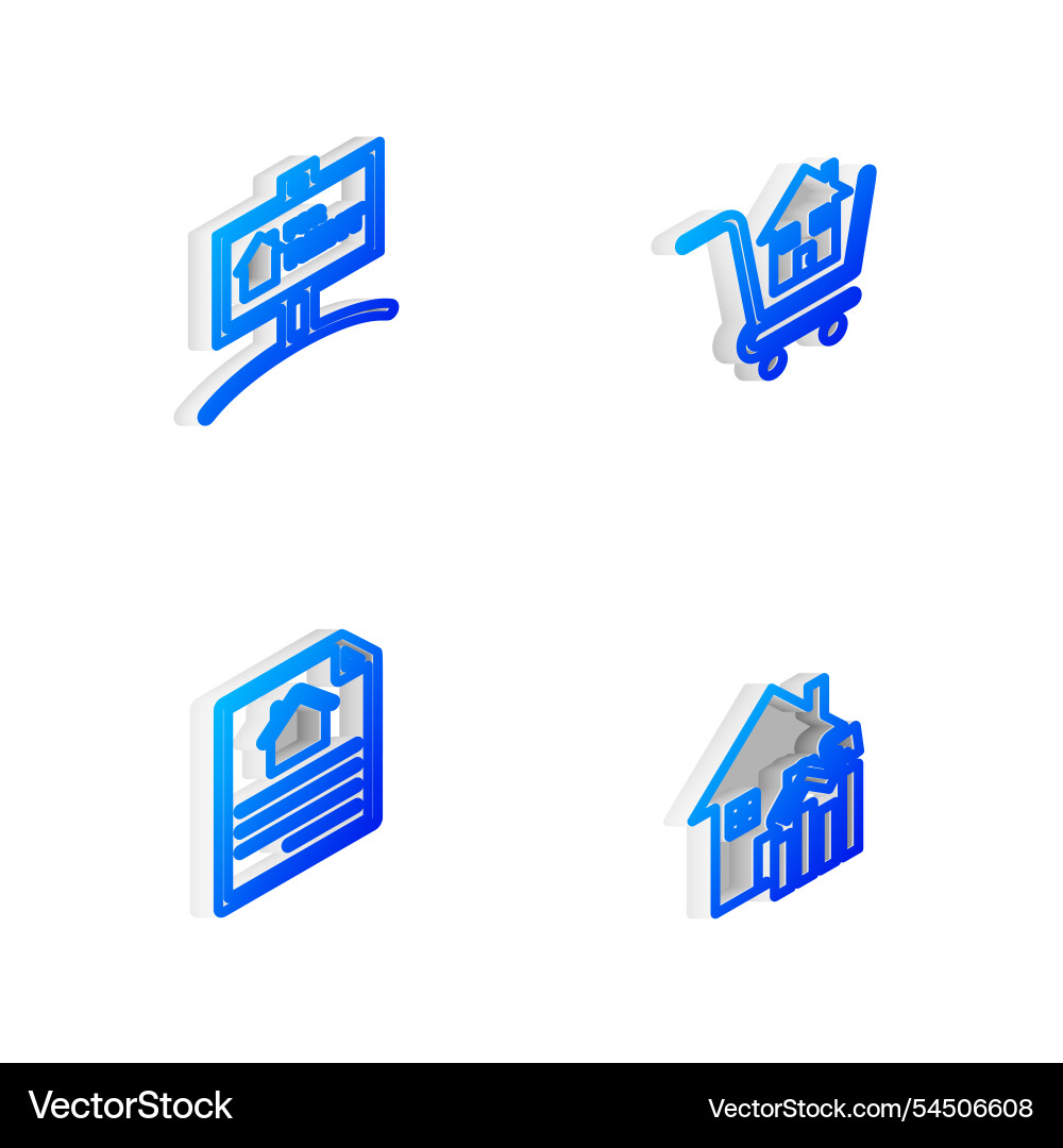Set isometric line shopping cart with house Vector Image