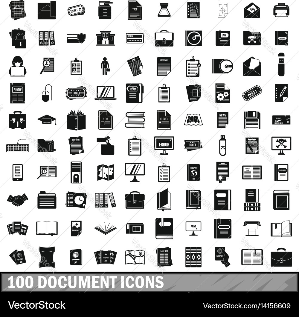 100 document icons set simple style vector image
