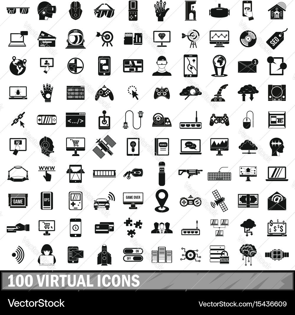 100 virtual icons set simple style vector image