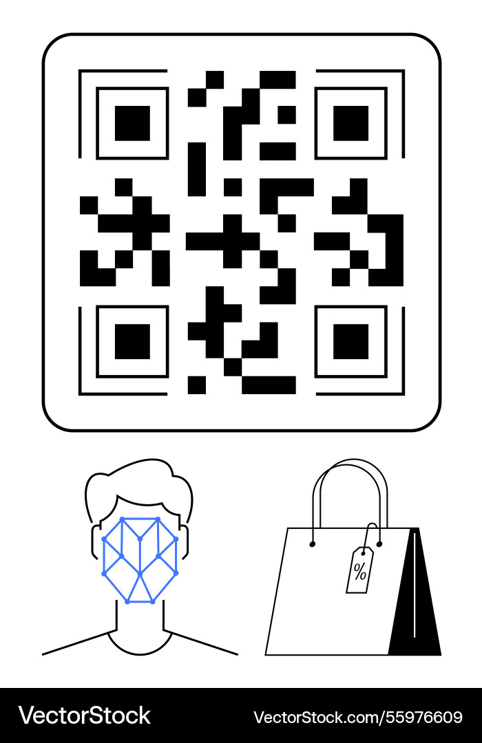 Qr code with facial recognition and shopping bag Qr code with facial recognition and shopping bag vector image