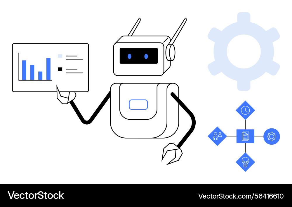 Robot analyzing data with futuristic charts Robot analyzing data with futuristic charts vector image