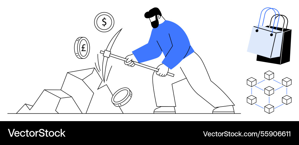 Digital currency miner using pickaxe to extract Digital currency miner using pickaxe to extract vector image