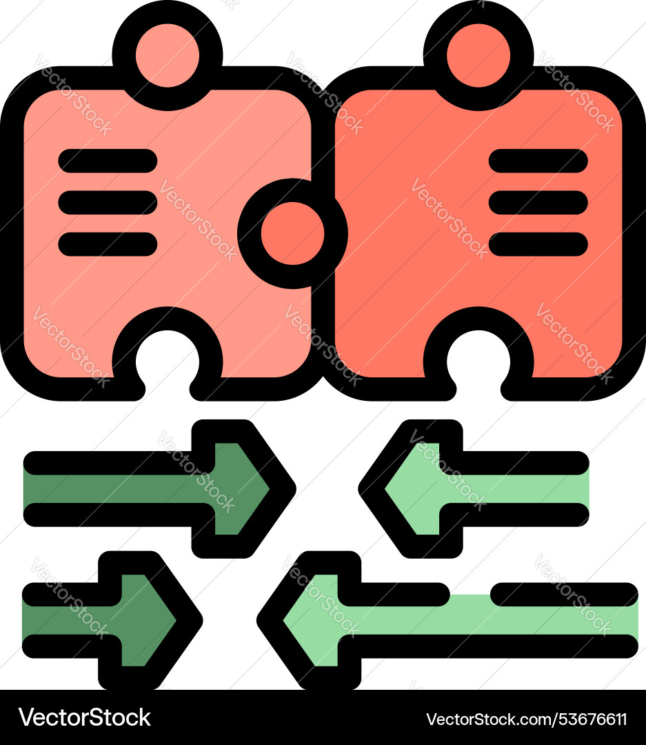 Two puzzle pieces connecting with arrows showing Two puzzle pieces connecting with arrows showing vector image