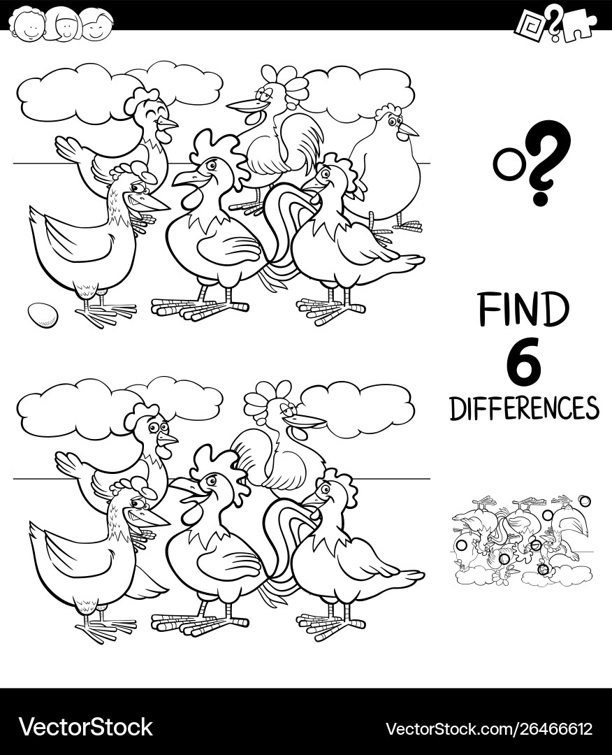 Differences color book with hens and roosters Differences color book with hens and roosters vector image