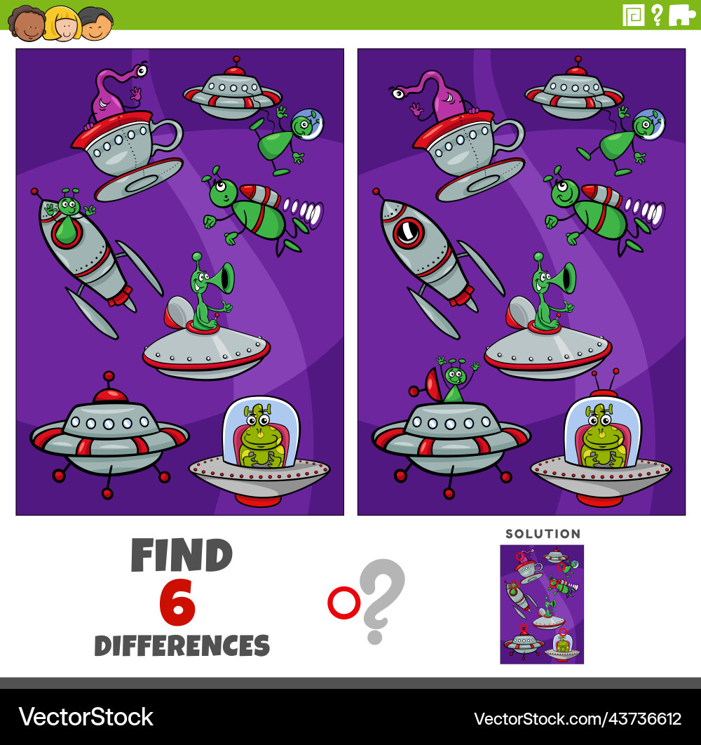Differences game with cartoon alien characters Differences game with cartoon alien characters vector image