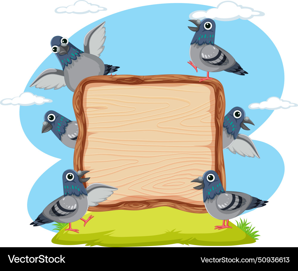 Cartoon pigeons with a blank wooden signboard Cartoon pigeons with a blank wooden signboard vector image