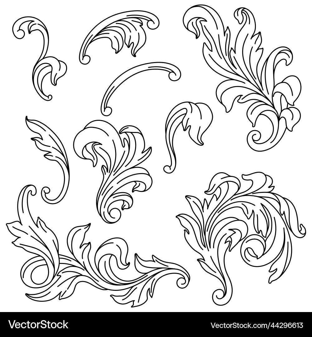 Dekoratives Set von floralen Elementen im barocken Stil Dekoratives Set von floralen Elementen im barocken Stil vektorbild