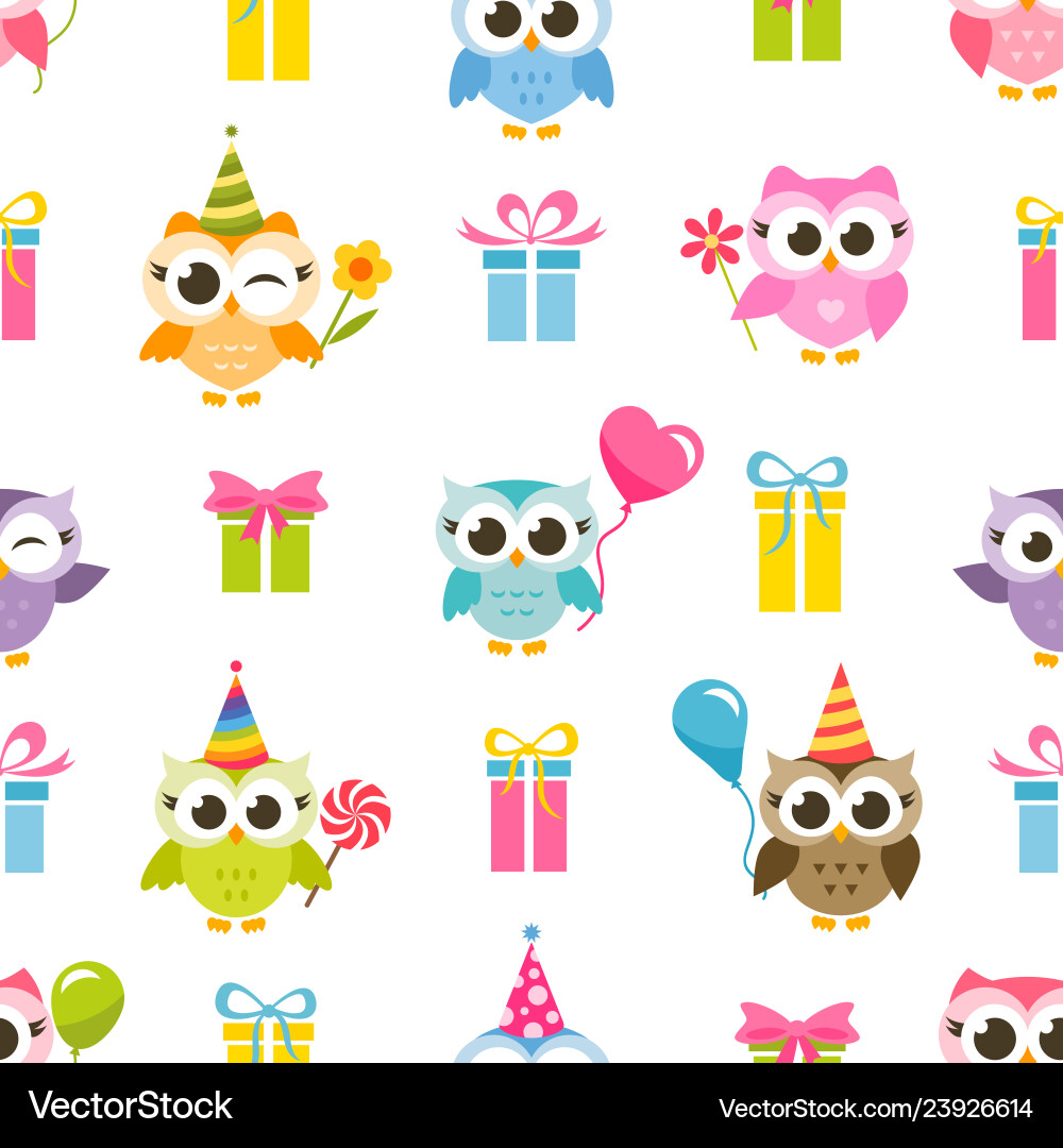 Seamless pattern with colorful owls and gifts Vector Image