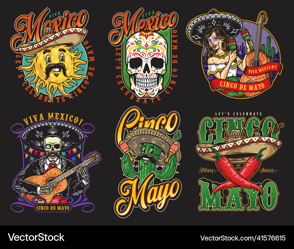 Colorful emblems set with characters in sombreros Colorful emblems set with characters in sombreros Vector Image