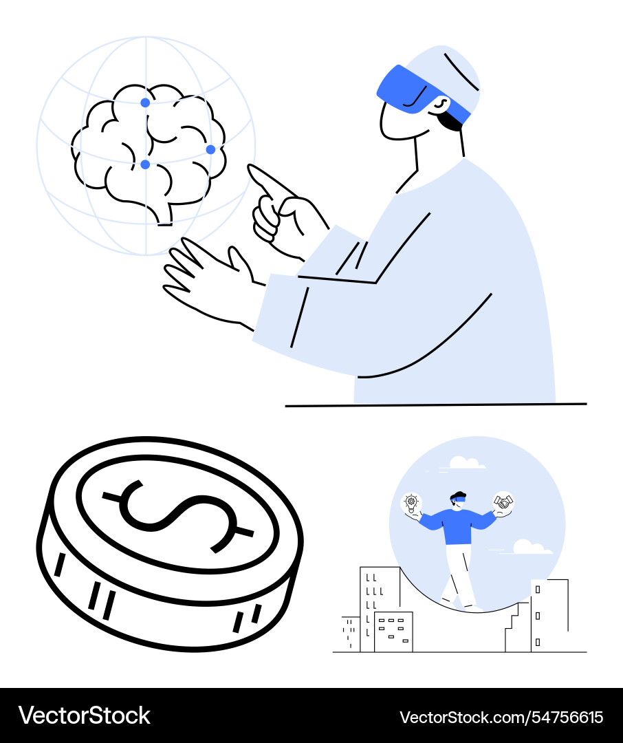 Man using vr headset to interact with virtual Man using vr headset to interact with virtual vector image